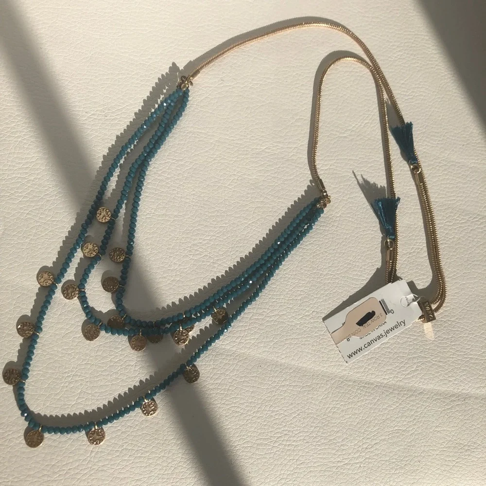 3 row teal coin gold tone Canvas necklace - Picture 4 of 8